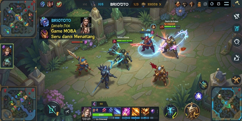 Screenshot permainan BRIOTOTO menampilkan aksi seru dan karakter beragam di arena MOBA.